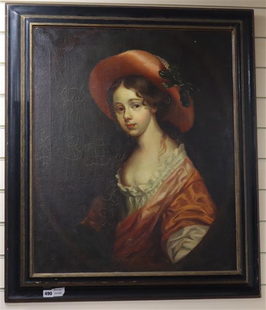 19th century English School, oil on canvas, Portrait of a young lady wearing a ribbon tied hat, 75 x 62cm